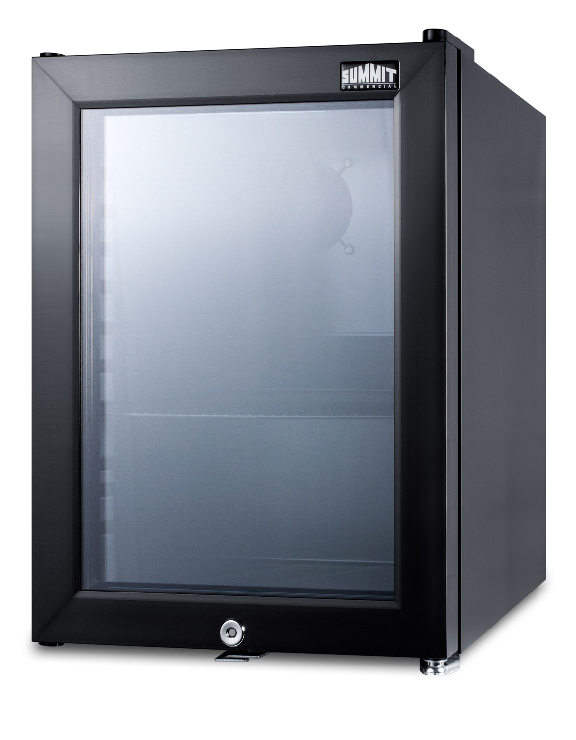 Compact commercial beverage center designed for the display and refrigeration of beverages, with glass door, lock, and black cabinet